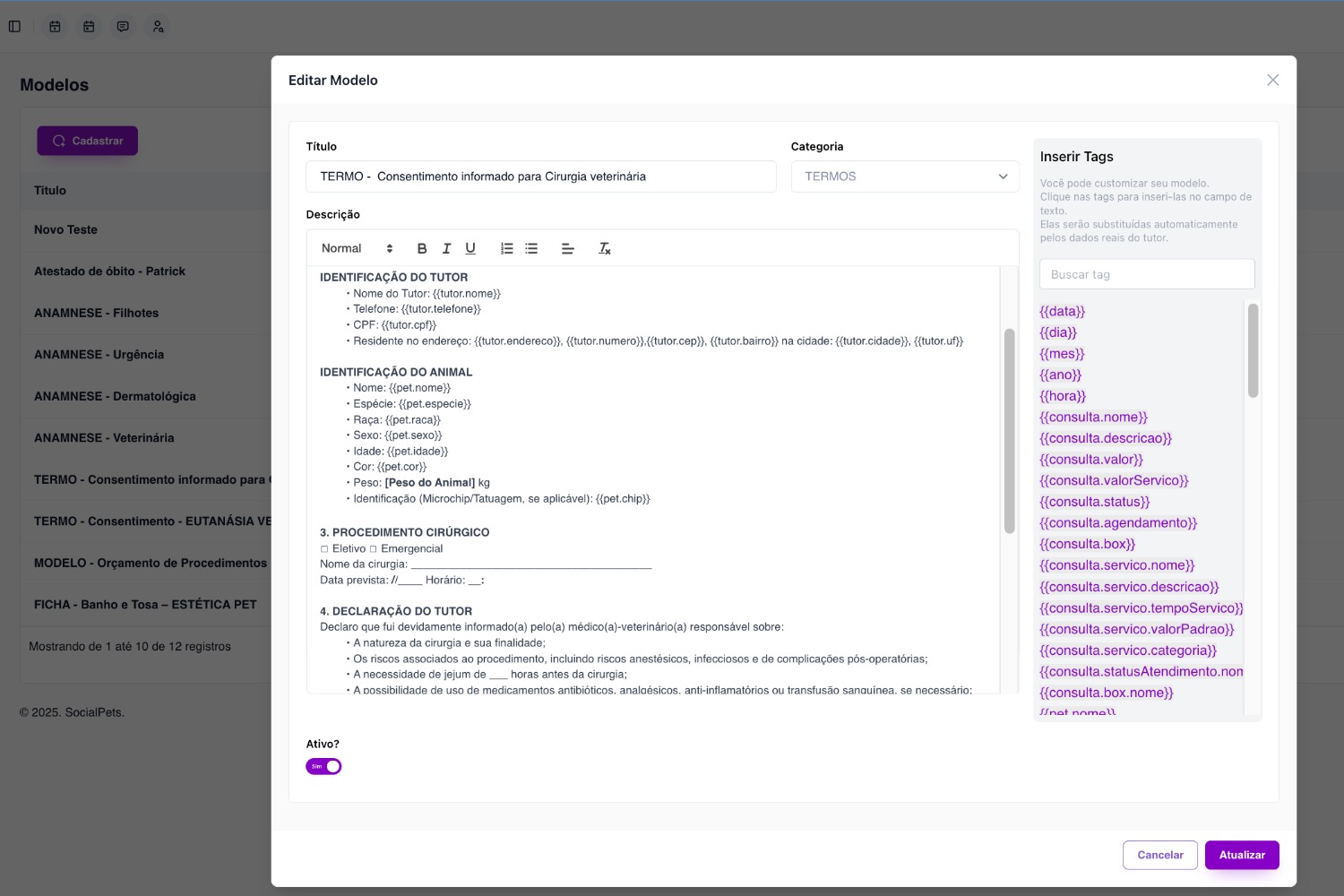 Editor de anamnese e docs