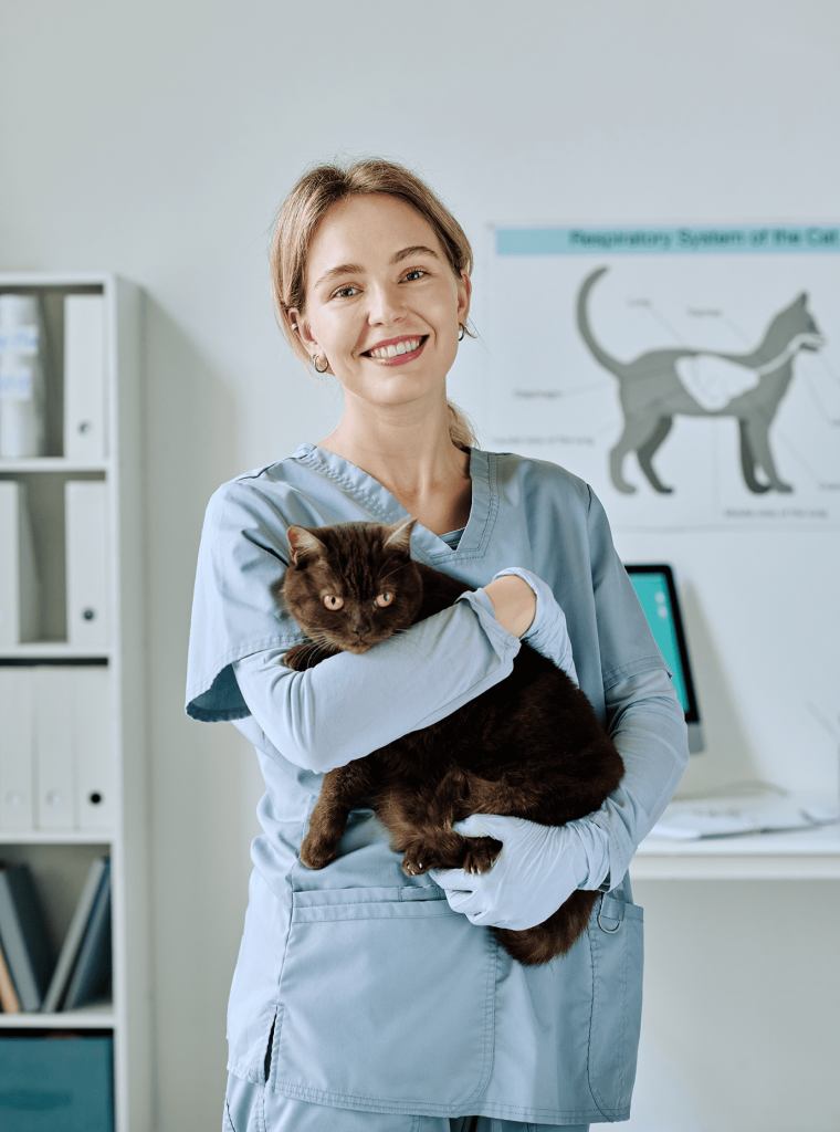 retrato-de-jovem-enfermeira-de-uniforme-segurando-gato-fofo-enquanto-trabalhava-na-clinica-veterinaria retrato-de-jovem-enfermeira-de-uniforme-segurando-gato-fofo-enquanto-trabalhava-na-clinica-veterinaria